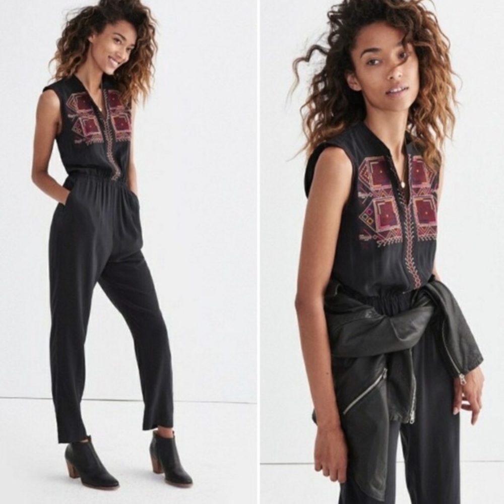 Madewell Folkway Embroidered Silk Jumpsuit